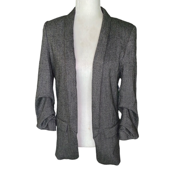 Zara Herringbone Ruched Sleeve Open Front Blazer - XS - Picture 4 of 13